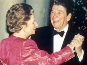 Thatcher with fellow reactionary Ronnie Reagan. By any sensible standard, master criminals both. 