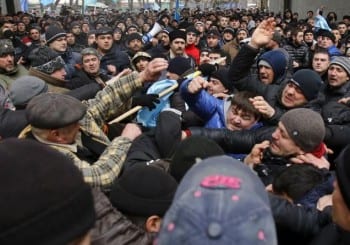 Crimea: Pro-Russian demonstrators clash with Ukraine nationalists as the conflicts continues to engulf the Ukraine. 