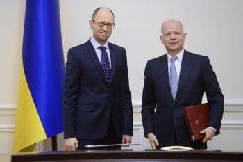 Ukraine's new PM, Nuland's "Yats", poses for history with UK's FM Wiliam Hague, a rabid interventionist and water carrier for US imperialist adventures (right).