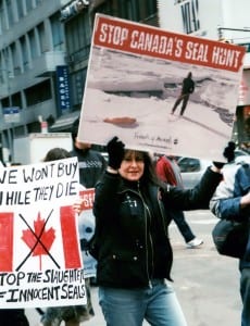 A protest against seal slaughter organized by Fiends of Animals (FoA). The organization was founded by Alice Herrington who, like most of her generation and social class, was basically clueless and indifferent about the political roots of animal exploitation. Unfortunately, the next generation has not proved a marked improvement in that regard. 