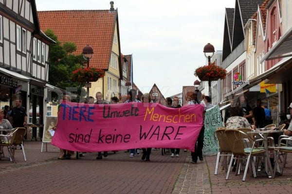 Activists march against factory farming in Nienburg, Germany.