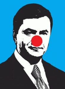 This 2013 digital image depicting former President Yanukovych as a circus clown, was designed by Egor Petrov and circulated on Facebook. The illustration was printed and used as a street poster, and included in the "I Am a Drop in the Ocean" exhibition.