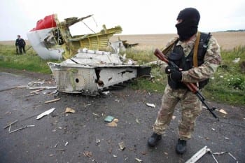 Part of the wreck guarded by the Donetsk militia. 