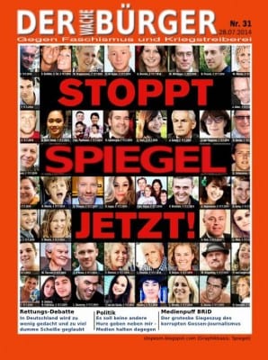 Poster mocking Der Spiegel's anti-Putin cover, circulated by German activists.