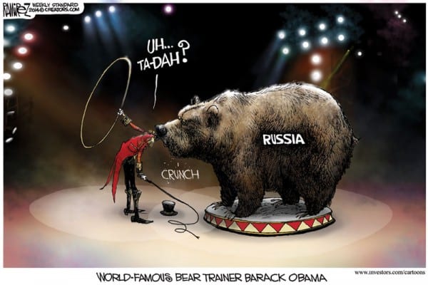 Idiotic cartoon insinuating that Russia is a threat and is actually an aggressor to Obama. 