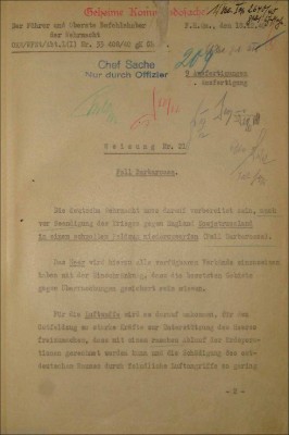 Hitler's direct order authorizing Operation Barbarossa. Weisung Nr. 21: Fall Barbarossa (Directive no. 21: Case Barbarossa) The first paragraph reads: "The German armed forces must be prepared to crush Soviet Russia in a rapid campaign even before the conclusion of the war against England (Case Barbarossa)."