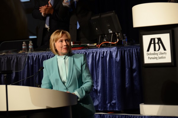 Hillary speaks on her legal career and on the importance of voting rights at ABA meeting in San Francisco. (8.12.2013)  Note the Orwellian motto: "Defending Liberty, Pursuing Justice". (Via S. Rhodes, flickr)