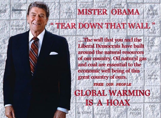 This poster sums up the viewpoint of millions of brainwashed people around the world, especially in the US, where global warming is denounced as a hoax to "destroy US industries."  Global warming is seen as a nefarious maneuver by  evil liberals to weaken America.  The sheer idiocy of the fanatical free-marketers' position is almost impossible to fathom. 