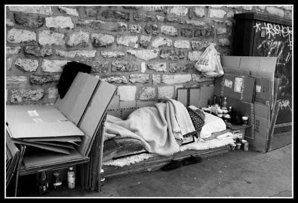 Homelessness right in the heart of Paris. Taken on heavy trafficed Avenue du Général Leclerc in the Paris city center. The capitalist disease admits of no exceptions. (Valetta Juricek, via flickr)