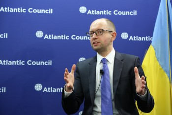 "Prime Minister" Yatsenyuk holding forth before the Atlantic Council. (Atlantic Council, via flickr)