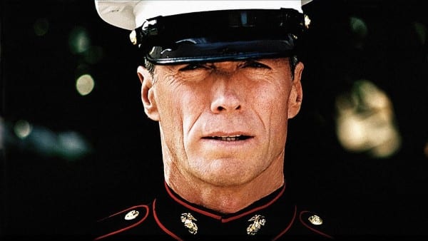 Eastwood as Gunny Sgt. in Heartbreak Ridge. His almost childish, mawkish glorification of the military is a lifelong passion usually denied.