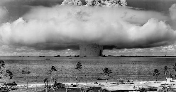 First nuclear explosion undersea, 1946, Bikini Atoll. Such devices were primitive by today's standards of lethality. (Public domain)