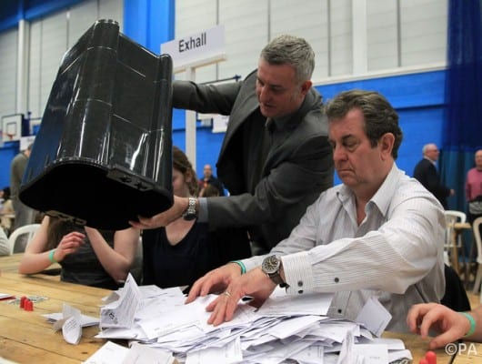 The first votes for North Warwickshire are sorted and counted at Coleshill Lesuire Centre in Coleshill in the General Election 2015.