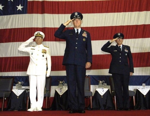 050801-F-0193C-004 Norfolk, Va. (Aug. 1, 2005) Ð U.S. Navy Adm. Edmund P. Giambastiani, left, Chairman Joint Chiefs of Staff Gen. Richard Myers, center, and Col. Richard Johnson, right, render a salute during U.S. Joint Forces Command change of command ceremony aboard the Nimitz-class aircraft carrier USS Theodore Roosevelt (CVN 71). Adm. Edmund Giambastiani will succeed Marine Gen. Peter Pace as vice chairman later this summer. Prior Deputy Commander, Army Lt. Gen. Robert W. Wagner relieved Giambastiani as North Atlantic Treaty Organization (NATO) Supreme Allied Commander Transformation and commander, U.S. Joint Forces Command. U.S. Air Force photo by Staff Sgt. D. Myles Cullen (RELEASED)
