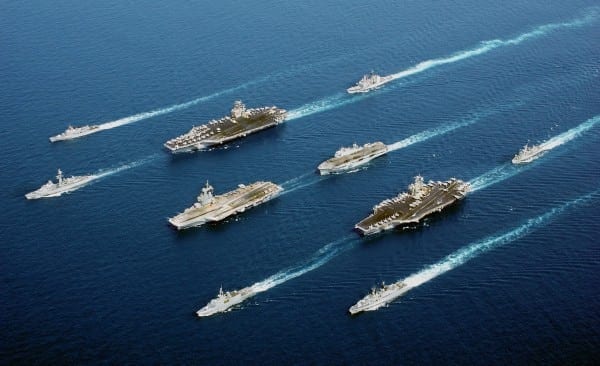 A US battle carrier group in the Pacific. Missiles can now easily target the big ships, they are obsolete projections of old-fashioned imperial power.  (Click to expand)