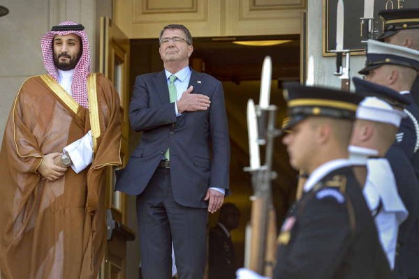 Deputy Crown Prince and Defence Minister Mohammad with U.S. Secretary of Defense Ashton Carter, Pentagon, 13 May 2015