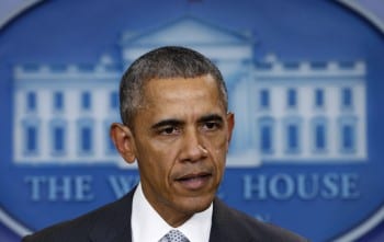 U.S. President Barack Obama pauses speaks about the shooting attacks in Paris, from the White House in Washington