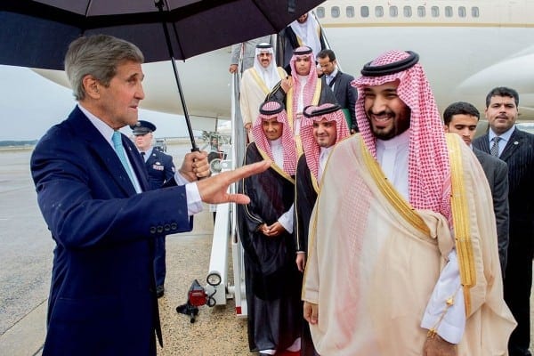 U.S. Secretary of State John Kerry chats with Deputy Crown Prince and Defense Minister Mohammad bin Salman after he arrived at Andrews Air Force Base in Camp Springs, Maryland, on September 3, 2015, to accompany King Salman bin Abdulaziz of Saudi Arabia to visit President Barack Obama. [State Department photo/ Public Domain]