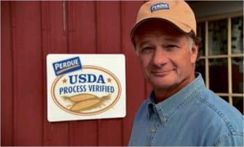 Jim Perdue, head of Perdue Farms, a conglomerator whose ads have the audacity to suggest he is a friend of the animals he victimizes by the millions. 