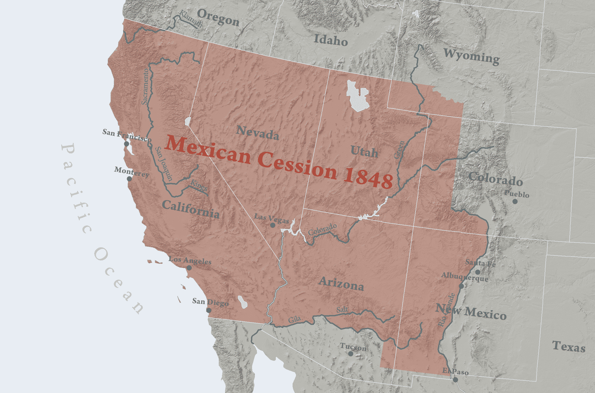 Area Mexico ceded to the United States in 1848, minus Texan claims. The Mexican Cession consisted of present-day U.S. states of California, Nevada, Utah, most of Arizona, about half of New Mexico, about a quarter of Colorado, and a small section of Wyoming.