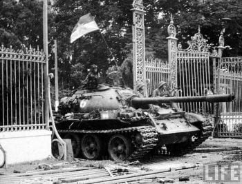 40 years ago today. A North Vietnamese tank crashes through the gates of South Vietnam's presidential palace. Saigon, Vietnam